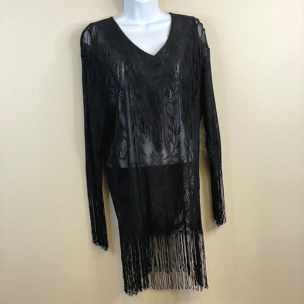 Vintage Frederick's of Hollywood Mesh Fringe Whimsigoth Dress Large Sheer Gothic